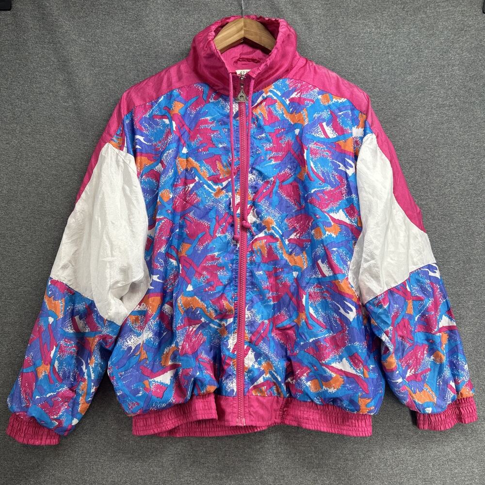 VTG 80s Casual Isle Windbreaker Jacket Womens Medium Pink Abstract Streetwear
